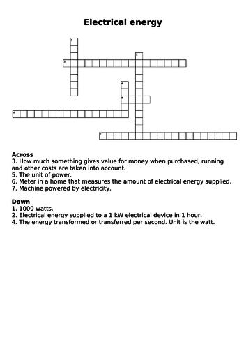 Electrical Energy Crossword and Answers