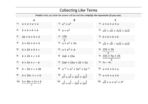 Collecting Like Terms | Teaching Resources