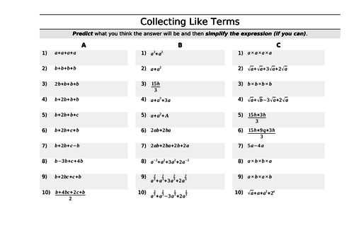 Collecting Like Terms | Teaching Resources