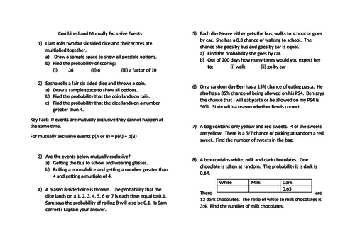 Probability of Combined and Mutually Exclusive Events | Teaching Resources