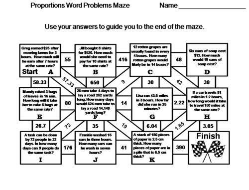 Proportions Word Problems Activity: Math Maze