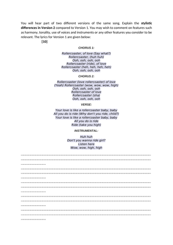 Eduqas A-level Music Rock & Pop Comparison Sample Question: "Rollercoaster of Love"