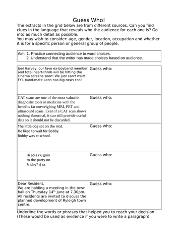 Audience & Purpose Worksheets GCSE Language Analysis