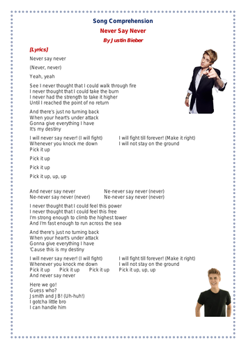 Justin Bieber Song Never Say Never Comprehension Worksheets Lyrics Answer Keys Teaching Resources