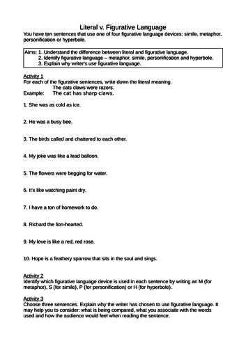 2 x Literal versus Figurative Language Worksheets Language Analysis GCSE