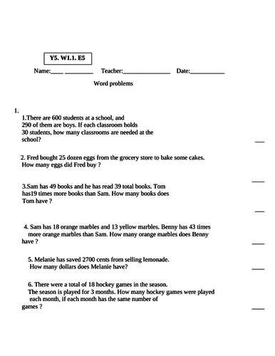 Division word Problems For Grade 5 Worksheets Teaching Resources