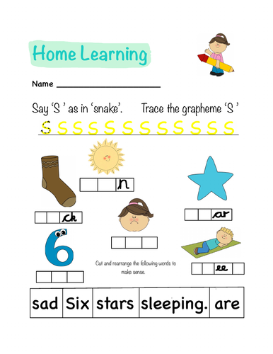 Phonics Letters and Sounds Homework Sheet (s)