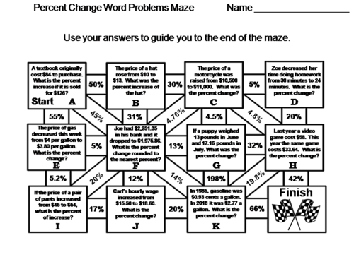 Percent Change Word Problems Activity: Math Maze