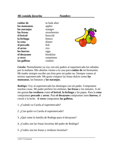 Mi Comida Favorita Lectura: My Favorite Food Spanish Reading (SUB Activity)