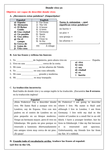 Spanish GCSE: describe where you live _ my town and area_ reading, translation and grammar