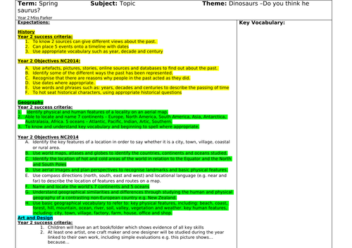 Year 2 Dinosaur Topic Medium Term Plan