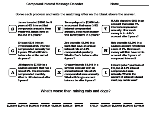 Compound Interest Worksheet: Math Message Decoder | Teaching Resources