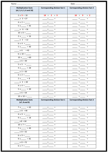 Multiplication & Division Worksheet - INVERSE OPERATIONS