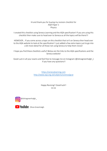 AQA Physics Paper 1 Topic Lists +Practicals | Teaching Resources