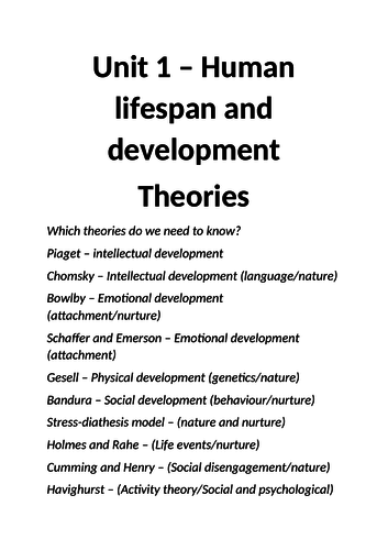 Health and Social Care Unit 1 theories revision booklet Teaching Resources