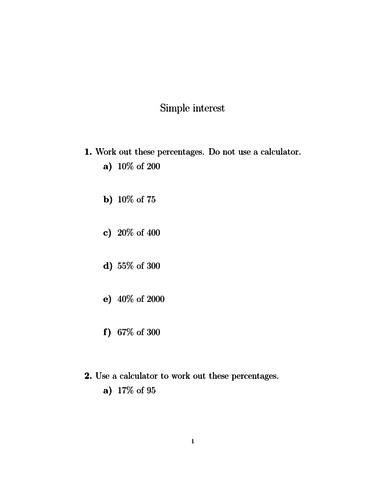 Simple Interest Worksheet With Solutions Teaching Resources