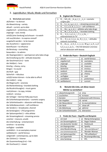 AQA A Level German: Vocabulary worksheets - Familie; die digitale Welt; Jugendkultur