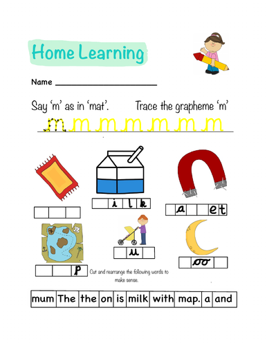 Phonics Letters and Sounds Homework Sheet (m)
