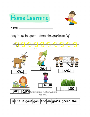 Phonics Letters and Sounds Homework Sheet (g)