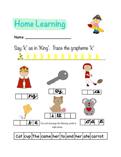 Phonics Letters and Sounds Homework Sheet (k)