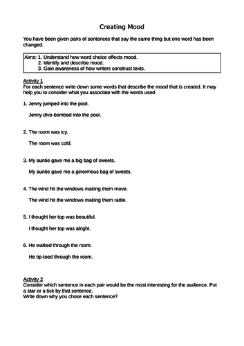 4x Mood Worksheets English Creative Writing Language Analysis GCSE