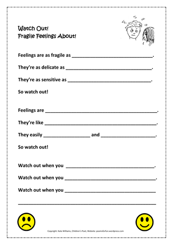 Emotions Poem Frame/Worksheet for Ys 5-8, PSHE; example sheet provided