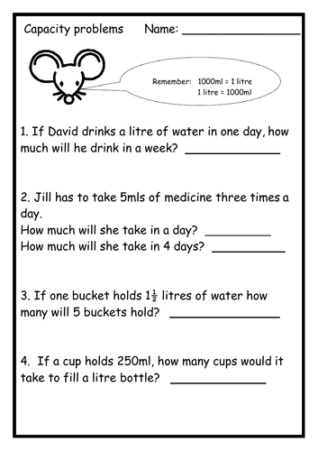 Capacity Word Problems - 3 Differentiated Worksheets