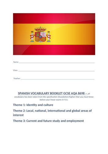 AQA GCSE Spanish 8698 Vocabulary booklet | Teaching Resources