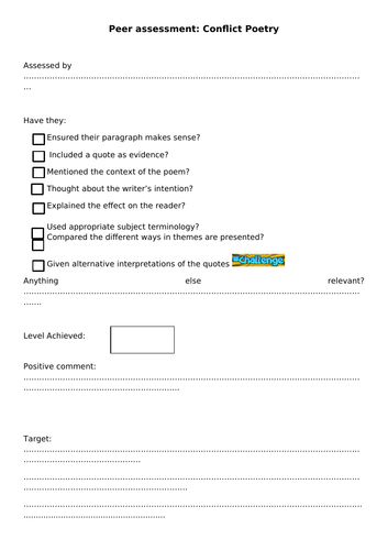 AQA GCSE English Literature 1-9 Peer Assessment Sheet for Comparing Poems