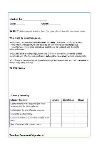 Peer Assessment Materials for AQA GCSE English Literature A01, A02, AO3