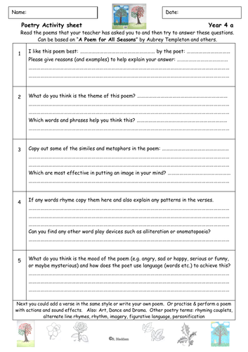 Year 4 Poetry comprehension differentiated resource sheets Primary Key
