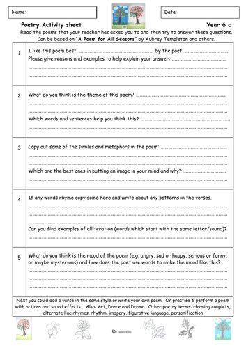 Year 6 Poetry comprehension differentiated resource sheets Primary Key ...