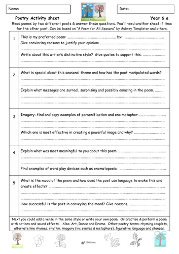 Year 6 Poetry comprehension differentiated resource sheets Primary Key