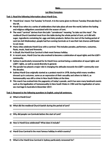 what is mardi gras worksheet