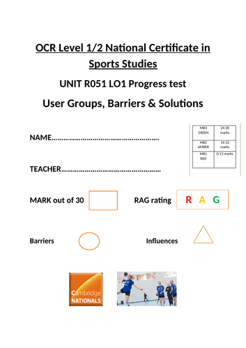 OCR National Certificate in Sports Studies R051 L01 progress test and mark scheme