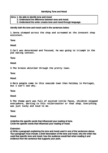 2x Tone v. Mood Worksheets English Language Analysis Explanation Structure GCSE