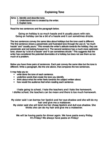 2x Tone Worksheets English Language Analysis Structure Analysis Explain GCSE