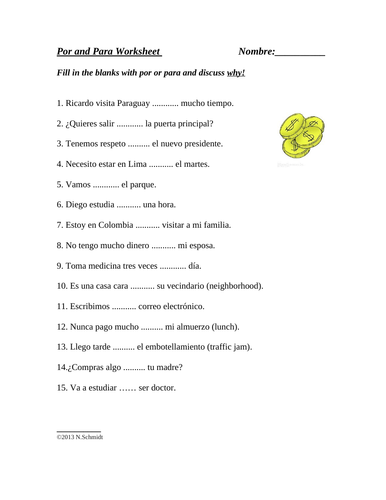 Spanish Por and Para Worksheet: SUB PLAN