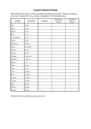 Irregular Adjective Endings French Teaching Resources