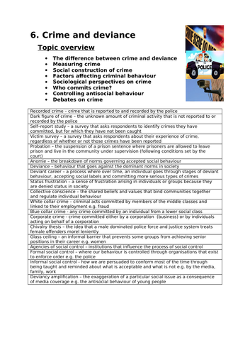 AQA GCSE SOCIOLOGY KEY TERMS UNIT COVER SHEET CRIME AND DEVIANCE