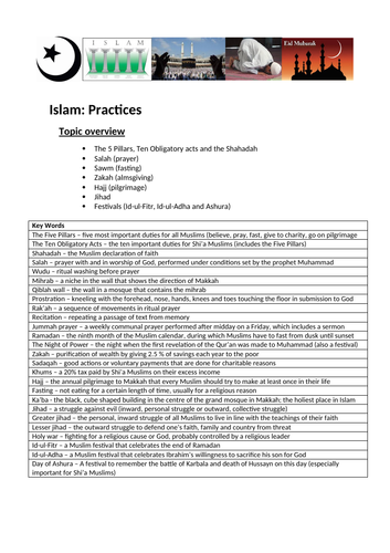 GCSE RELIGIOUS STUDIES A KEY TERMS UNIT COVER SHEET MUSLIM PRACTICES
