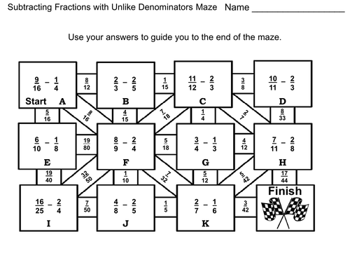 Subtracting Fractions With Unlike Denominators: Math Maze | Teaching Resources