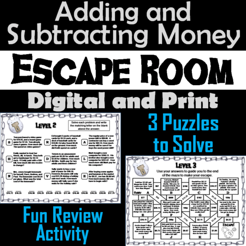 Adding and Subtracting Money Game: Escape Room Math