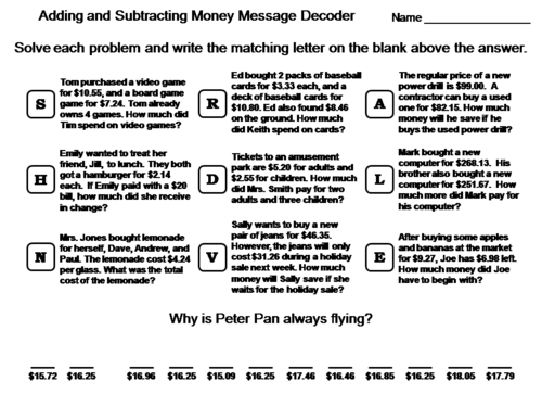 Adding and Subtracting Money Worksheet: Math Message Decoder