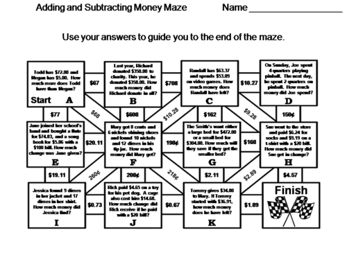 Adding and Subtracting Money: Math Maze