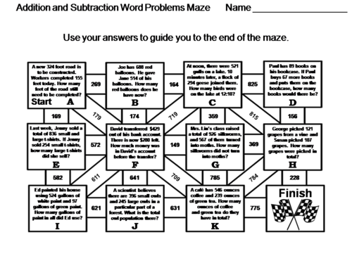 Addition and Subtraction Word Problems: Math Maze