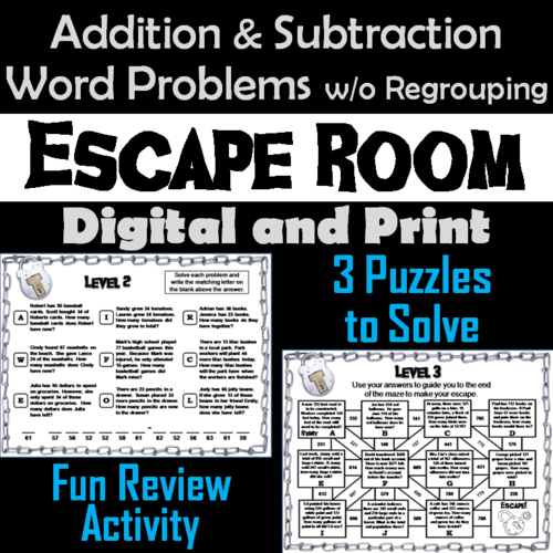 Addition and Subtraction Word Problems without Regrouping Game: Escape Room Math