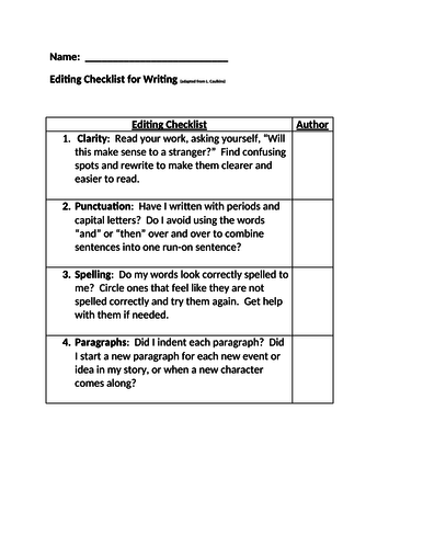 Editing Checklist (for writing) | Teaching Resources