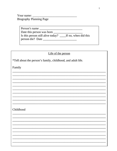 Biography Planning Page | Teaching Resources