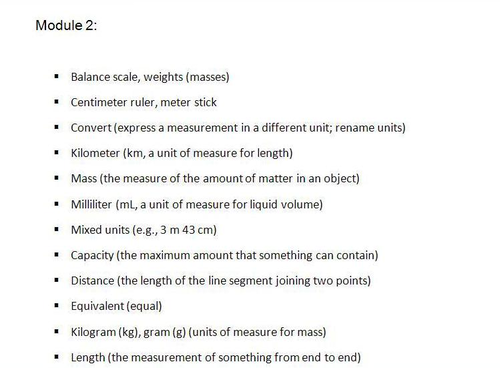 Kindergarten Math Vocabulary--Common Core--Module Length, Width